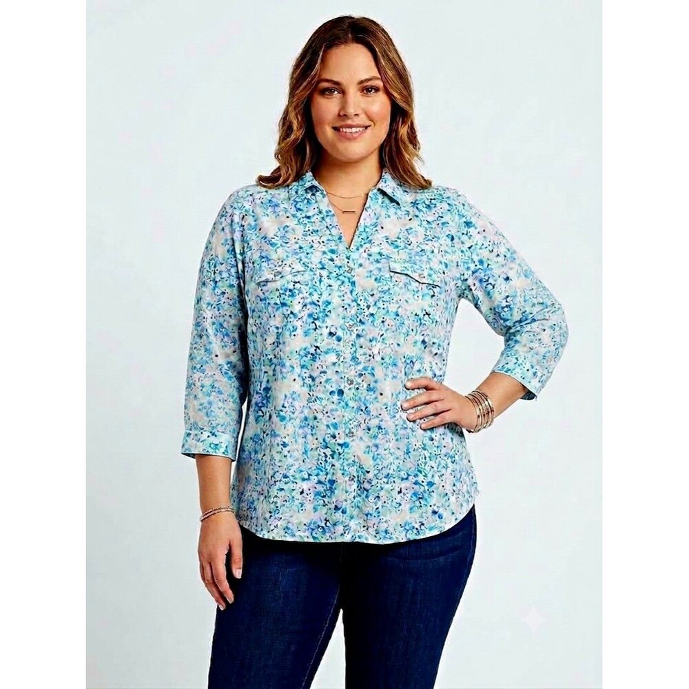 Sonoma Life Top Plus 1X Turquoise Floral Button-Up Blouse Collared half Sleeve